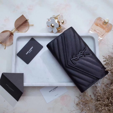 YSL Saint Laurent, LARGE MONOGRAM FLAP WALLET GRAIN DE POUDRE TEXTURED MATELASSÉ LEATHER
