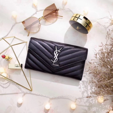 YSL Saint Laurent, LARGE MONOGRAM FLAP WALLET GRAIN DE POUDRE TEXTURED MATELASSÉ LEATHER