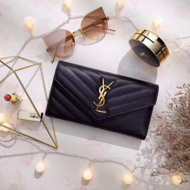 YSL Saint Laurent, LARGE MONOGRAM FLAP WALLET GRAIN DE POUDRE TEXTURED MATELASSÉ LEATHER
