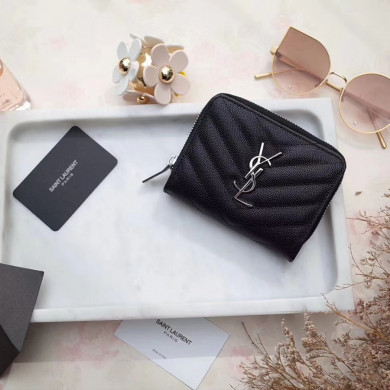 YSL Saint Laurent, MONOGRAM COMPACT ZIP AROUND WALLET GRAIN DE POUDRE TEXTURED MATELASSÉ LEATHER