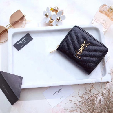 YSL Saint Laurent, MONOGRAM COMPACT ZIP AROUND WALLET GRAIN DE POUDRE TEXTURED MATELASSÉ LEATHER