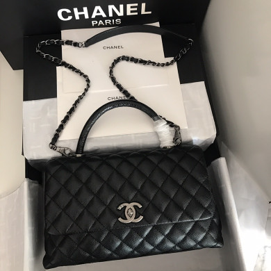 A92991, Flap Bag with Top Handle, CHANEL Handbags, Caviar, Grained Calfskin, Lizard & Silver-Tone Metal
