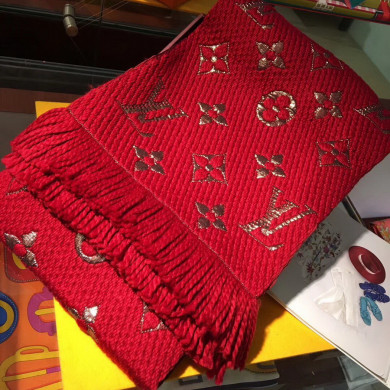 LOGOMANIA SHINE(GOLD COLOR) SCARF, LOUIS VUITTON LV SCARF, 68.9 x 11.8 inches, 94% wool, 6% silk