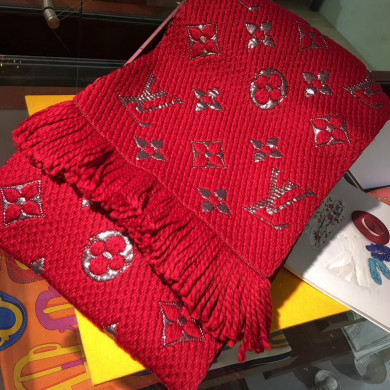 LOGOMANIA SHINE(SILVER COLOR) SCARF, LOUIS VUITTON LV SCARF, 68.9 x 11.8 inches, 94% wool, 6% silk