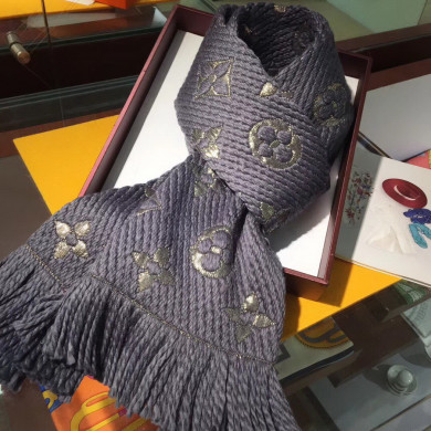 LOGOMANIA SHINE(GOLD COLOR) SCARF, LOUIS VUITTON LV SCARF, 68.9 x 11.8 inches, 94% wool, 6% silk