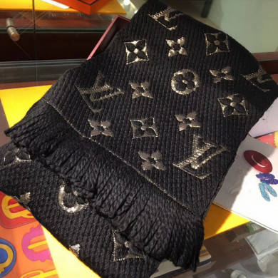 LOGOMANIA SHINE(GOLD COLOR) SCARF, LOUIS VUITTON LV SCARF, 68.9 x 11.8 inches, 94% wool, 6% silk