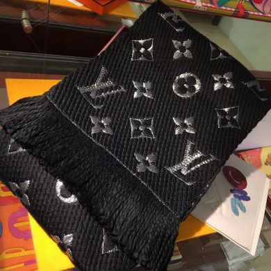 LOGOMANIA SHINE(SILVER COLOR) SCARF, LOUIS VUITTON LV SCARF, 68.9 x 11.8 inches, 94% wool, 6% silk