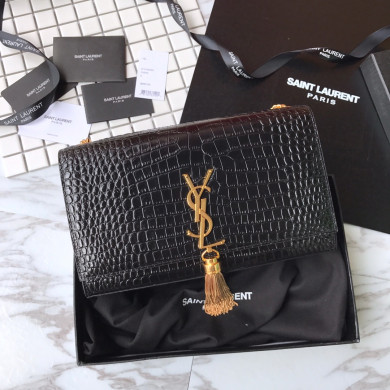 354119 KATE MEDIUM WITH TASSEL IN EMBOSSED CROCODILE SHINY LEATHER, STRAP DROP: 48CM, YSL Saint Laurent