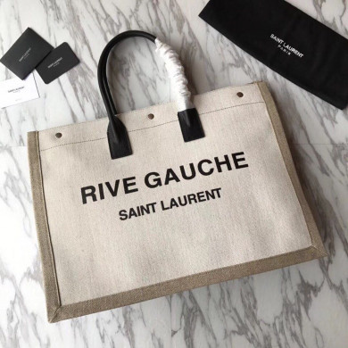 499290 RIVE GAUCHE TOTE BAG IN LINEN AND LEATHER, YSL Saint Laurent