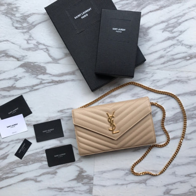 YSL, 377828, MONOGRAM SAINT LAURENT CHAIN WALLET IN BLACK GRAIN, 8.8 5.5 1.6 INCHES