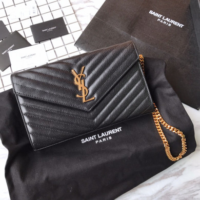 YSL, 377828, MONOGRAM SAINT LAURENT CHAIN WALLET IN BLACK GRAIN, 8.8 5.5 1.6 INCHES, STRAP DROP: 48 CM