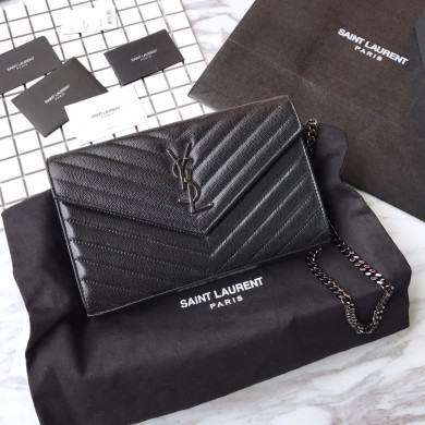YSL Saint Laurent, 377828, MONOGRAM CHAIN WALLET IN BLACK GRAIN DE POUDRE TEXTURED MATELASSÉ LEATHER, STRAP DROP: 48 CM
