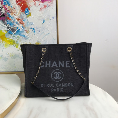 Shopping Bag, Canvas, Calfskin & Silver-Tone Metal