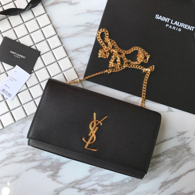 YSL Saint Laurent, 364021, MEDIUM KATE CHAIN BAG IN BLACK GRAIN DE POUDRE TEXTURED LEATHER