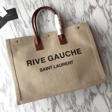 499290 RIVE GAUCHE TOTE BAG IN LINEN AND LEATHER, YSL Saint Laurent