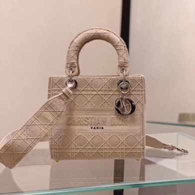 MEDIUM GRAY STONE LADY D-LITE EMBROIDERED CANNAGE BAG, M0565 DIOR