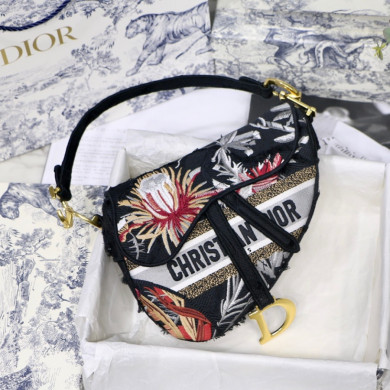 SADDLE BAG, Black Camouflage Embroidery with Multicolor Flowers, M0446 DIOR SHOULDER BAG