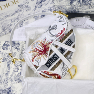 SADDLE BAG, White Camouflage Embroidery with Multicolor Flowers, M0446 DIOR SHOULDER BAG