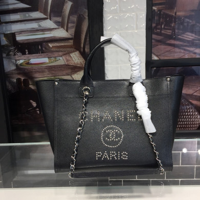 A57069  shopping bag, Grained Calfskin & Silver-Tone Metal, CHANEL HANDBAGS