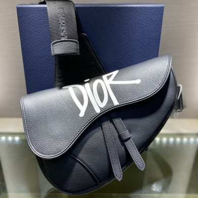 SADDLE BAG, Black Grained Calfskin with DIOR AND SHAWN Signature, DIOR
