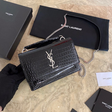 533026 SUNSET CHAIN WALLET IN SHINY CROCODILE-EMBOSSED LEATHER, YSL Saint Laurent