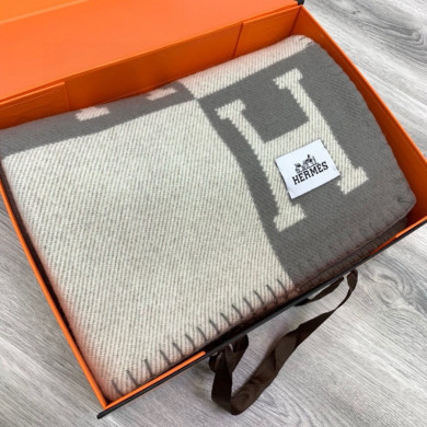 Premium Cashmere Blend Blanket – HERMSCA-168| Deep Gray & Ivory White  | 170 × 135 cm