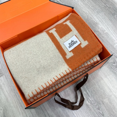 Premium Cashmere Blend Blanket – HERMSCA-172 | Orange & Ivory White | 170 × 135 cm