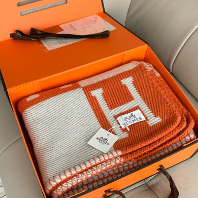 Premium Cashmere Blend Blanket – HERMSCA-173 | Deep Orange & Ivory White | 170 × 135 cm