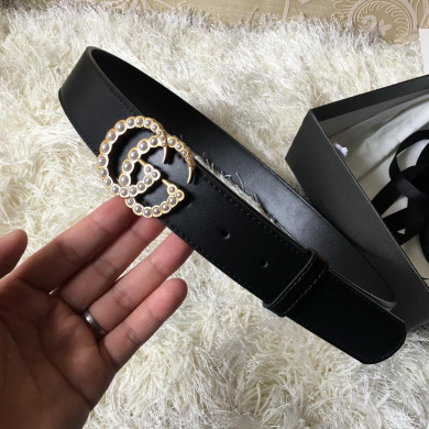 Gucci Leather belt with pearl Double G, 453260
