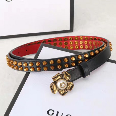 Studded leather belt WITH metal FLOWER, GUCCI Belts