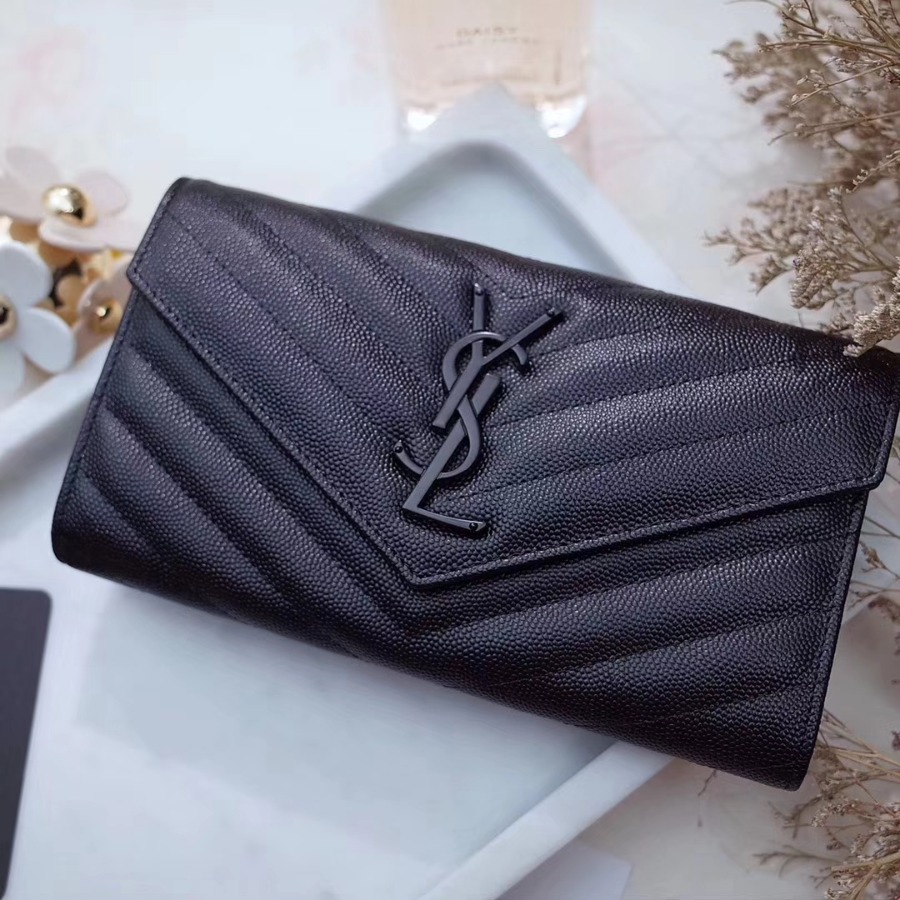 YSL Saint Laurent, LARGE MONOGRAM FLAP WALLET GRAIN DE POUDRE TEXTURED MATELASSÉ LEATHER