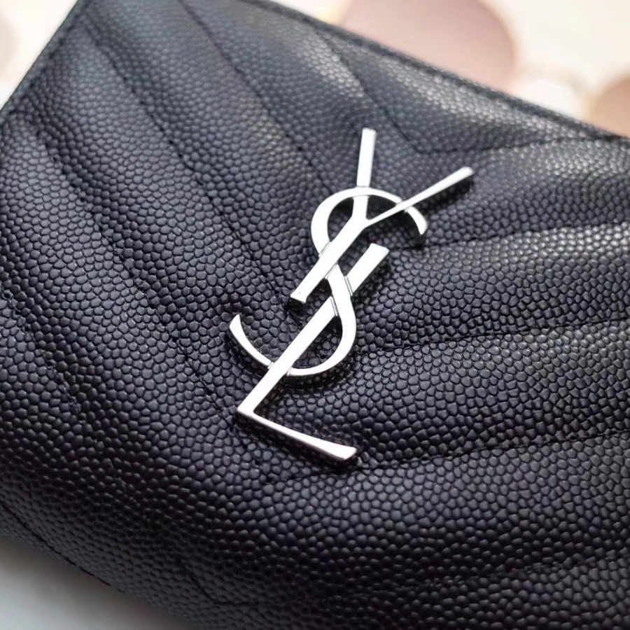 YSL Saint Laurent, MONOGRAM COMPACT ZIP AROUND WALLET GRAIN DE POUDRE TEXTURED MATELASSÉ LEATHER