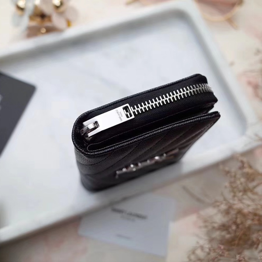YSL Saint Laurent, MONOGRAM COMPACT ZIP AROUND WALLET GRAIN DE POUDRE TEXTURED MATELASSÉ LEATHER