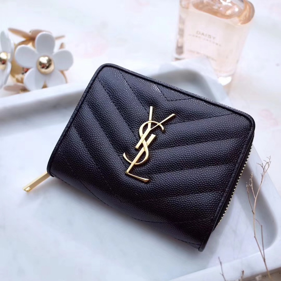 YSL Saint Laurent, MONOGRAM COMPACT ZIP AROUND WALLET GRAIN DE POUDRE TEXTURED MATELASSÉ LEATHER
