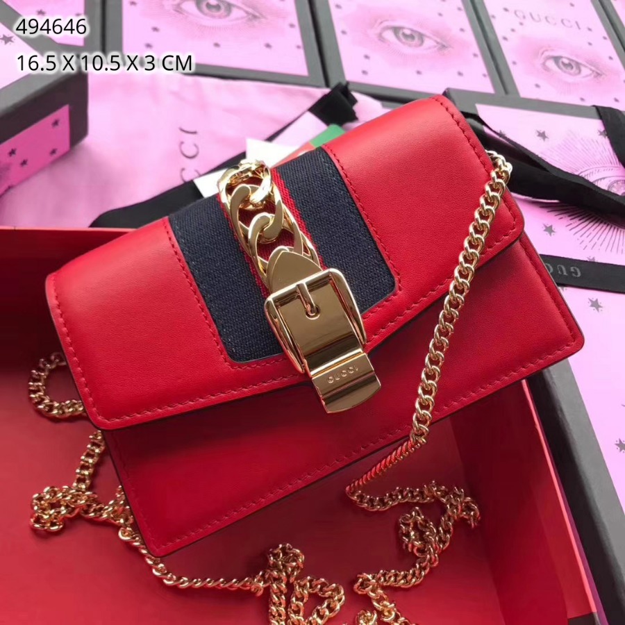 GUCCI Sylvie leather mini chain bag, 494646, Chain shoulder strap with 23.5 inches drop