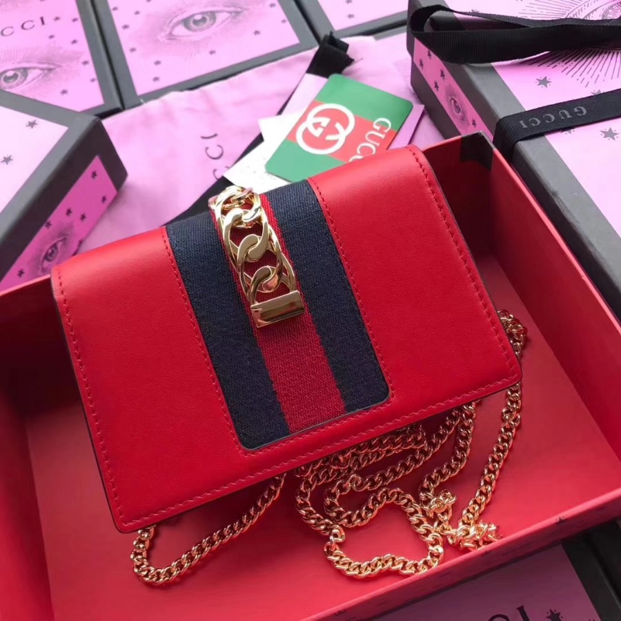 GUCCI Sylvie leather mini chain bag, 494646, Chain shoulder strap with 23.5 inches drop