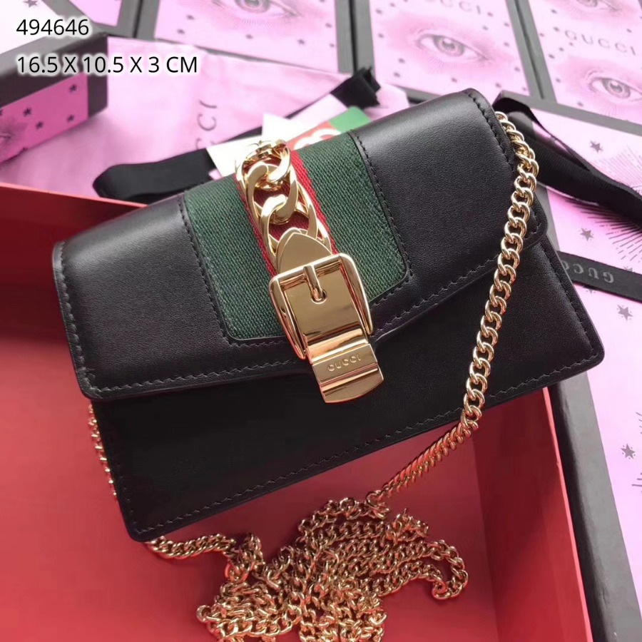GUCCI Sylvie leather mini chain bag, 494646, Chain shoulder strap with 23.5 inches drop