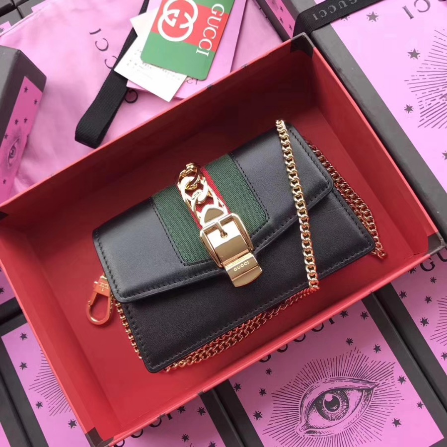 GUCCI Sylvie leather mini chain bag, 494646, Chain shoulder strap with 23.5 inches drop