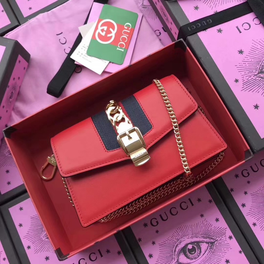GUCCI Sylvie leather mini chain bag, 494642, Chain shoulder strap with 23.5 inches drop