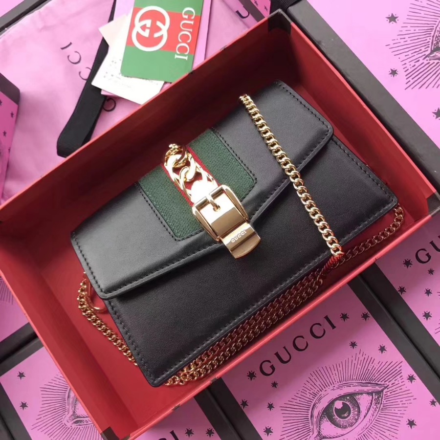 GUCCI Sylvie leather mini chain bag, 494642, Chain shoulder strap with 23.5 inches drop