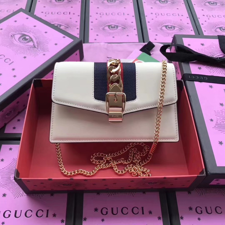 GUCCI Sylvie leather mini chain bag, 494642, Chain shoulder strap with 23.5 inches drop