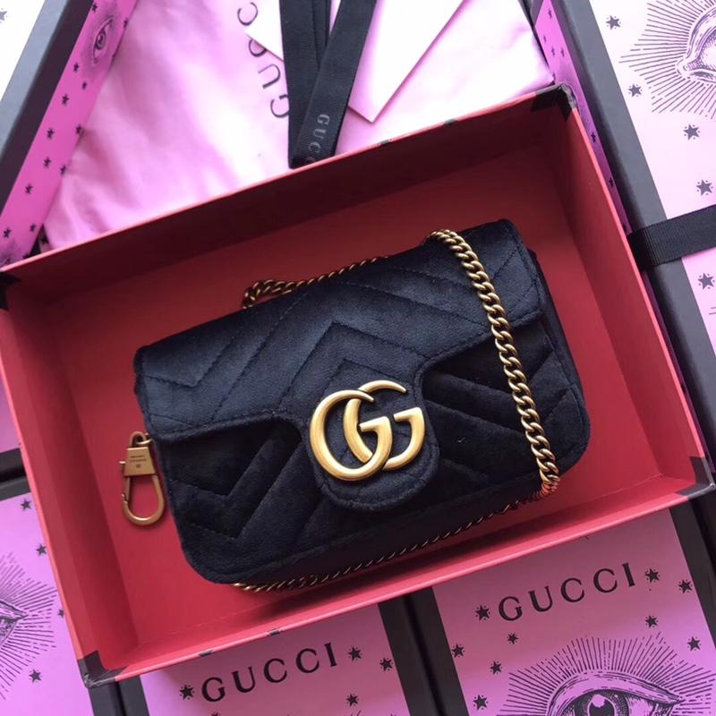 GUCCI GG Marmont matelassé Velvet super mini bag, 476433, 6.5W x 4H x 2D inches