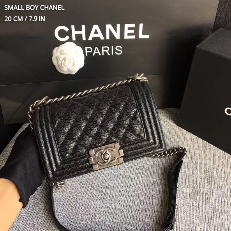 SMALL BOY CHANEL HANDBAG, PRINTED GRAINED CALFSKIN, 20CM / 7.9 IN