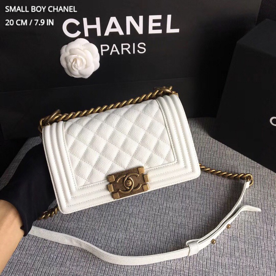 SMALL BOY CHANEL HANDBAG, PRINTED GRAINED CALFSKIN, 20CM / 7.9 IN