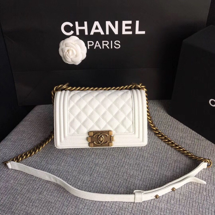 SMALL BOY CHANEL HANDBAG, PRINTED GRAINED CALFSKIN, 20CM / 7.9 IN