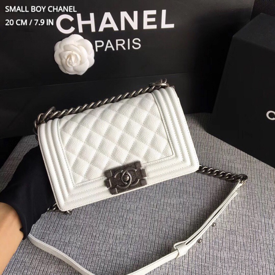 SMALL BOY CHANEL HANDBAG, PRINTED GRAINED CALFSKIN, 20CM / 7.9 IN