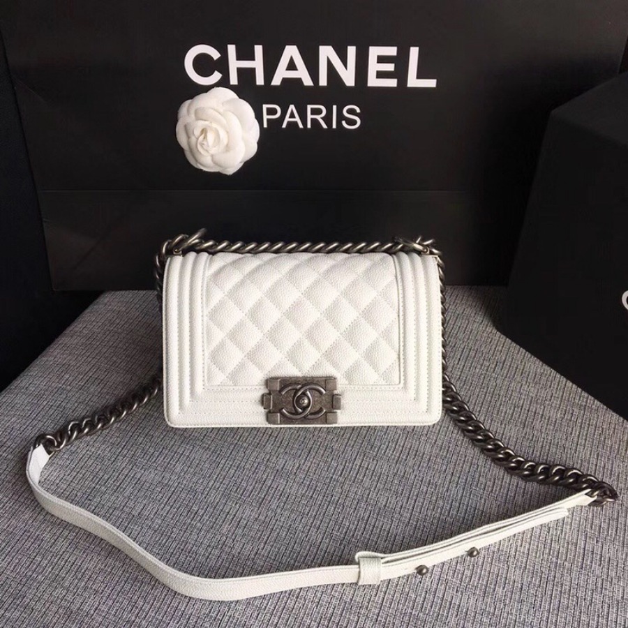 SMALL BOY CHANEL HANDBAG, PRINTED GRAINED CALFSKIN, 20CM / 7.9 IN