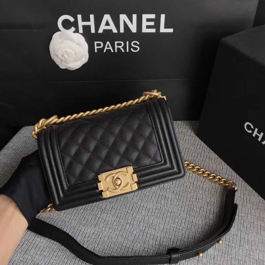 SMALL BOY CHANEL HANDBAG, PRINTED GRAINED CALFSKIN, Caviar, 20CM / 7.9 IN