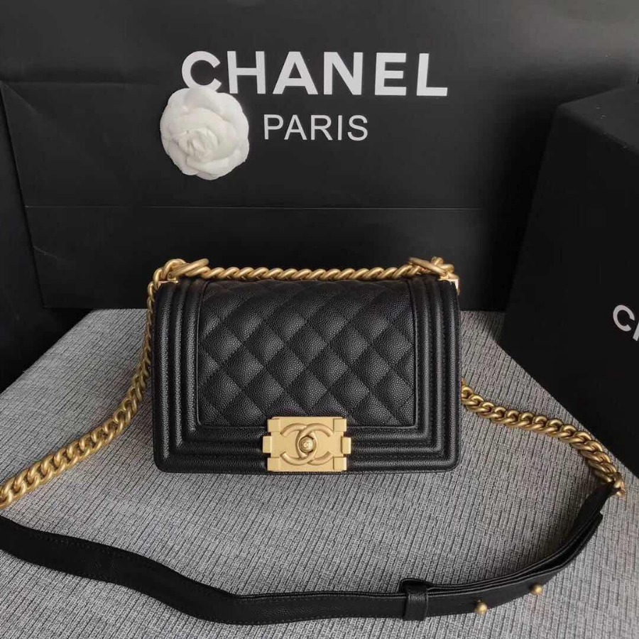 SMALL BOY CHANEL HANDBAG, PRINTED GRAINED CALFSKIN, Caviar, 20CM / 7.9 IN