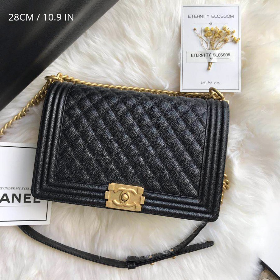 LARGE BOY CHANEL HANDBAG, PRINTED GRAINED CALFSKIN, Caviar, 28CM / 10.9 IN